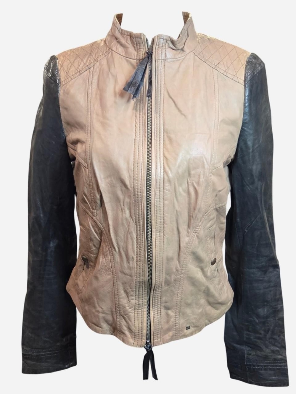 90s/Y2K Boss Two-Tone Leather Moto Jacket in Tan and Black With Pockets